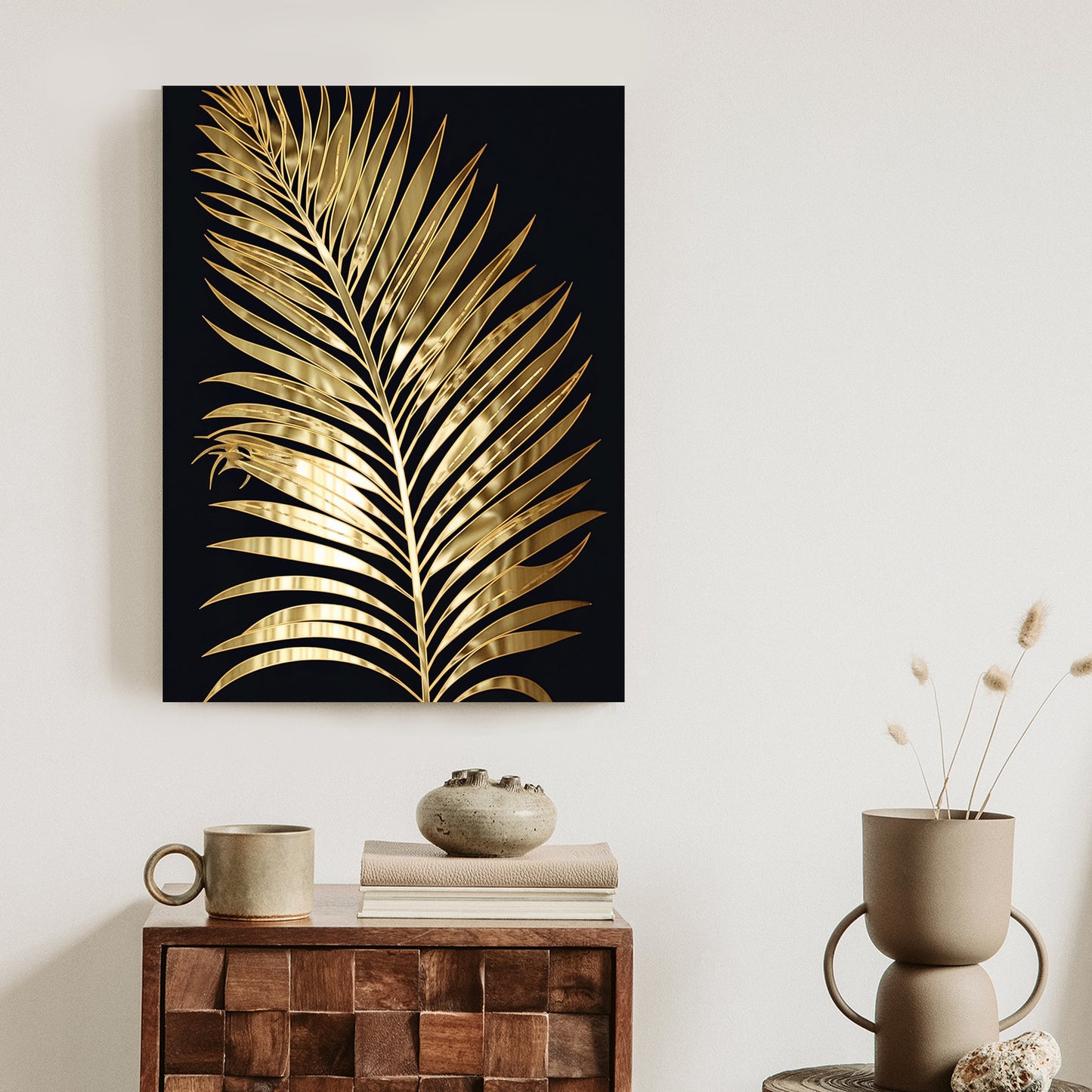 Poster Goldenes Einzelnes Palmenblatt Rahmen Holz Mit Passepartout Farbe Natürlich