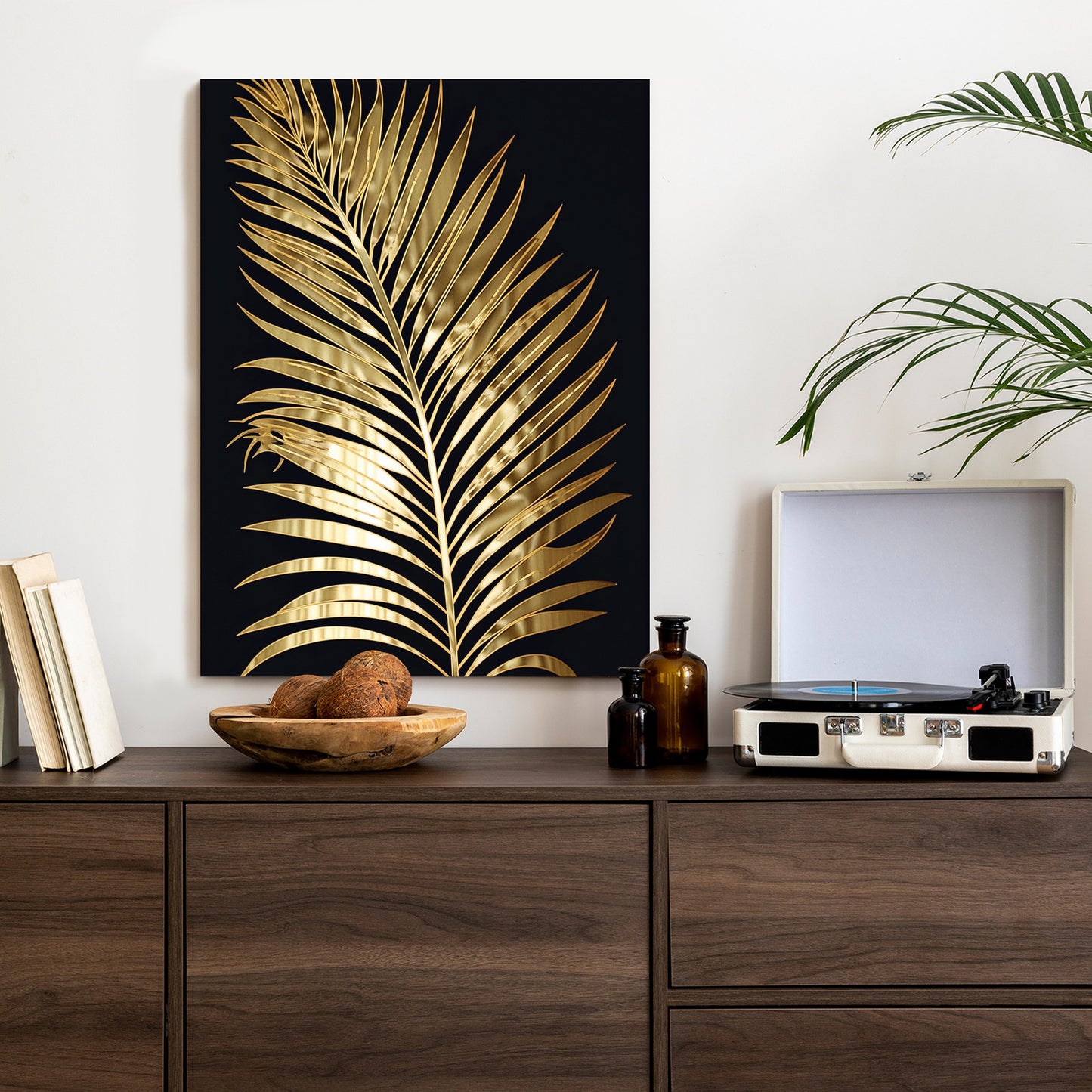 Poster Goldenes Einzelnes Palmenblatt Rahmen Holz Mit Passepartout Farbe Natürlich