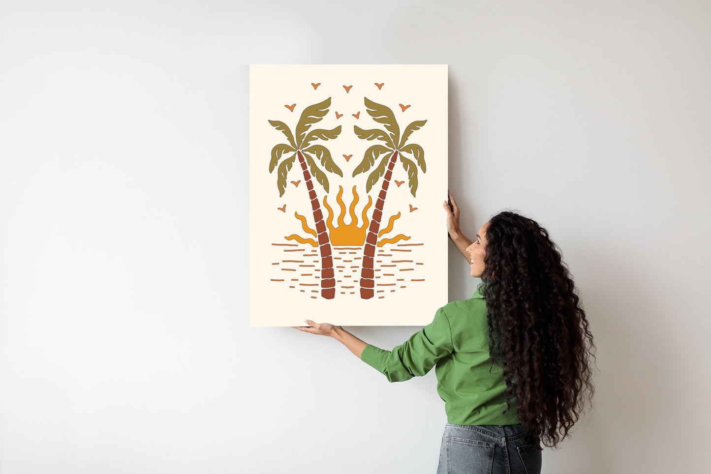 Poster Rerto-Palmen Und Die Untergehende Sonne Rahmen Hölzern Farbe Schwarz