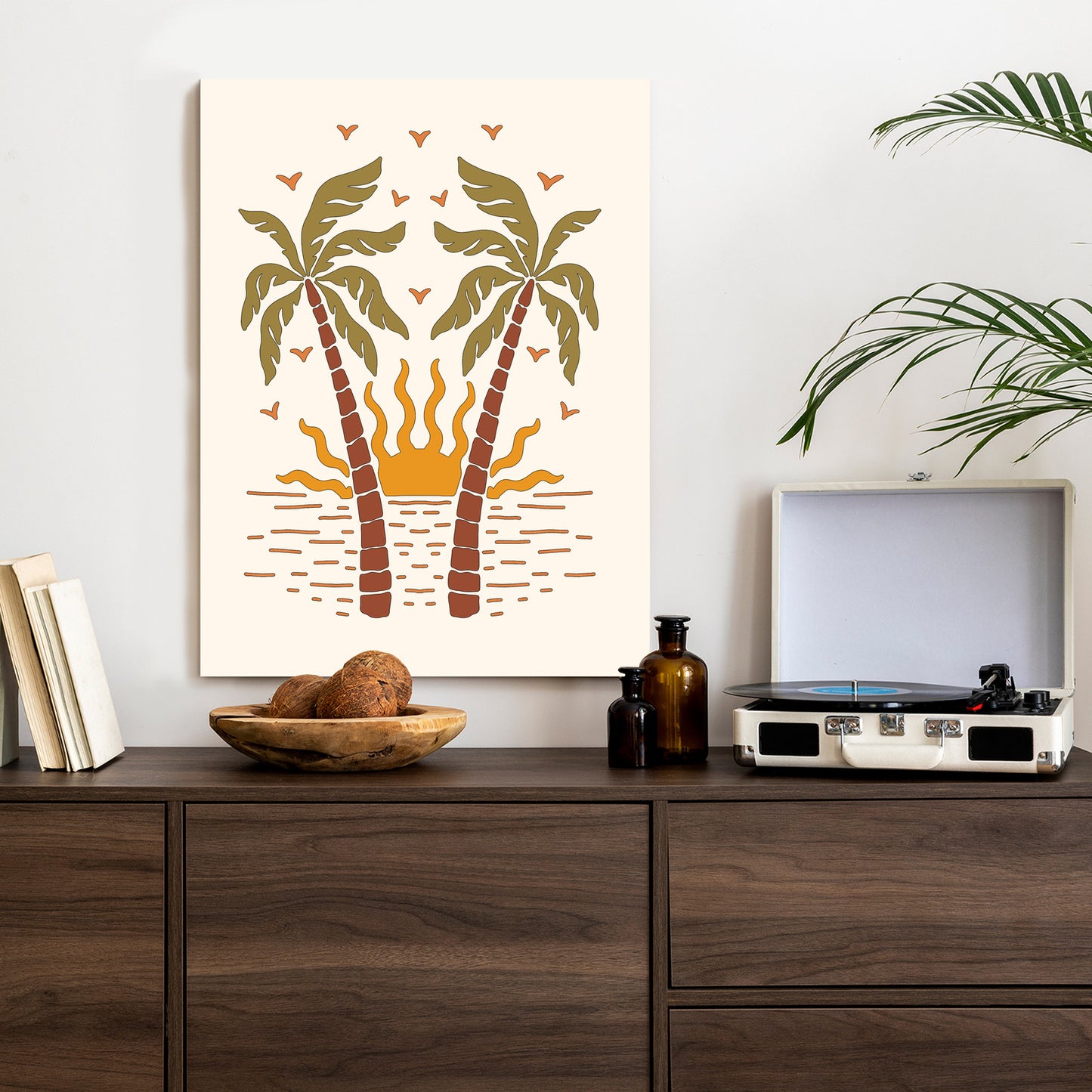 Poster Rerto-Palmen Und Die Untergehende Sonne Rahmen Hölzern Farbe Schwarz