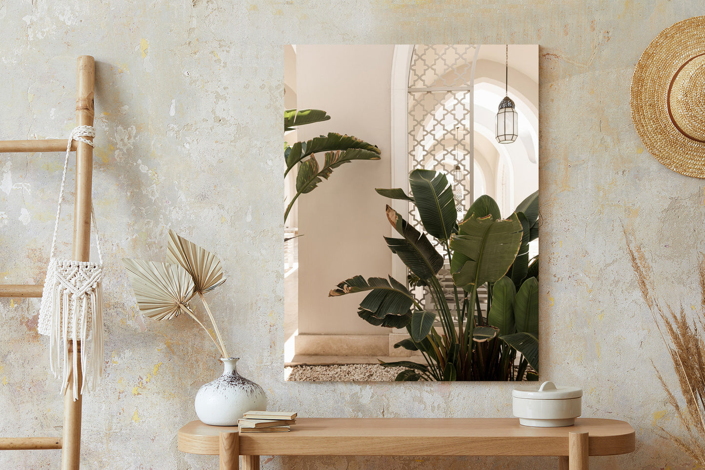Poster Palmen Am Eingang Eines Weißen Orientalischen Hauses Rahmen Holz Mit Passepartout Farbe Natürlich