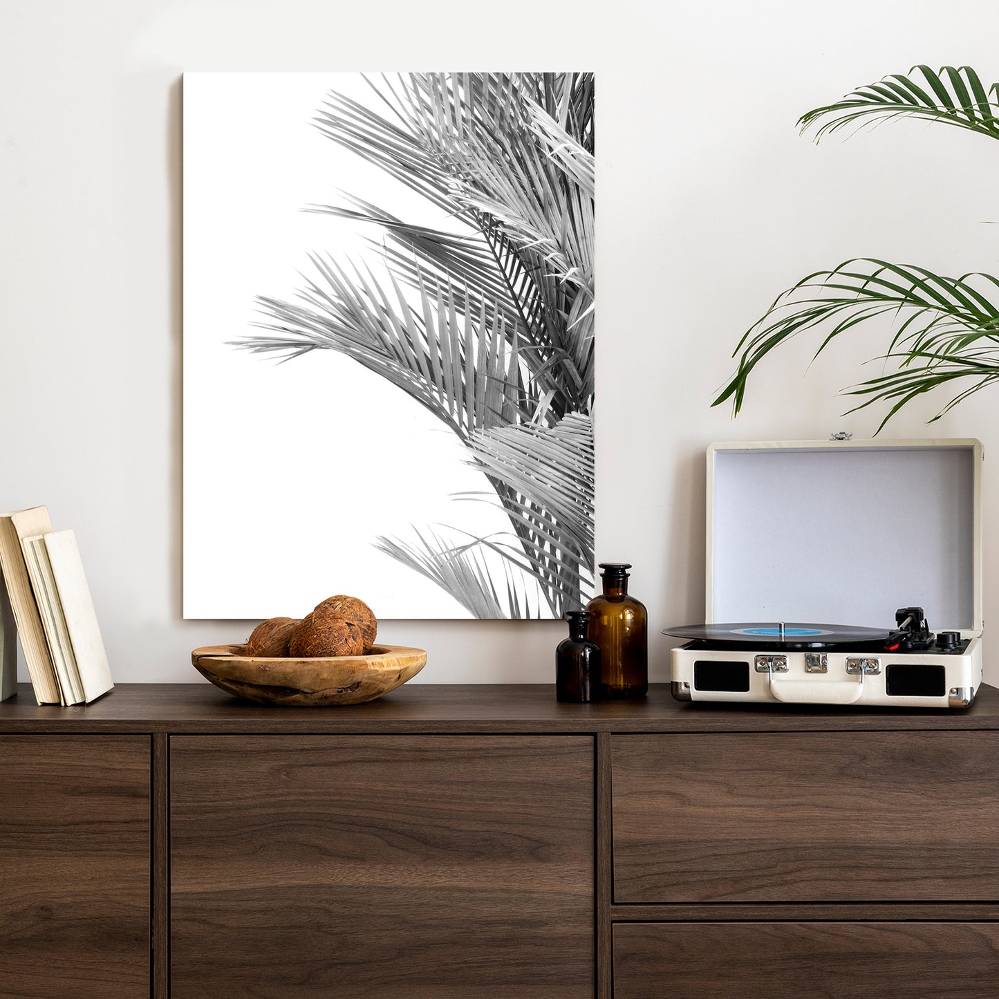 Poster Schwarze Und Weiße Palmblätter Rahmen Holz Mit Passepartout Farbe Natürlich