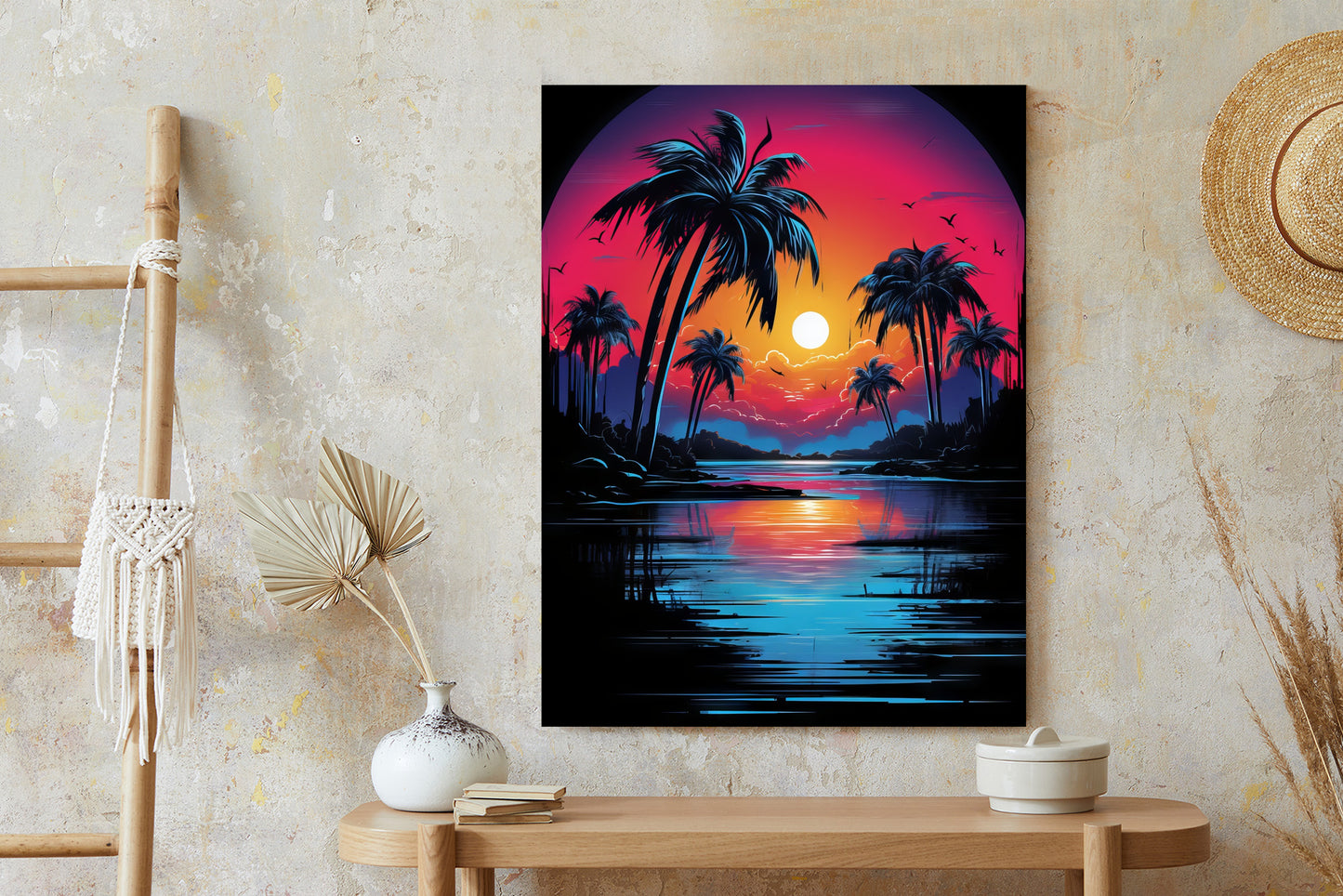 Poster Tropischer Sonnenuntergang Und Palmen Rahmen Holz Mit Passepartout Farbe Natürlich