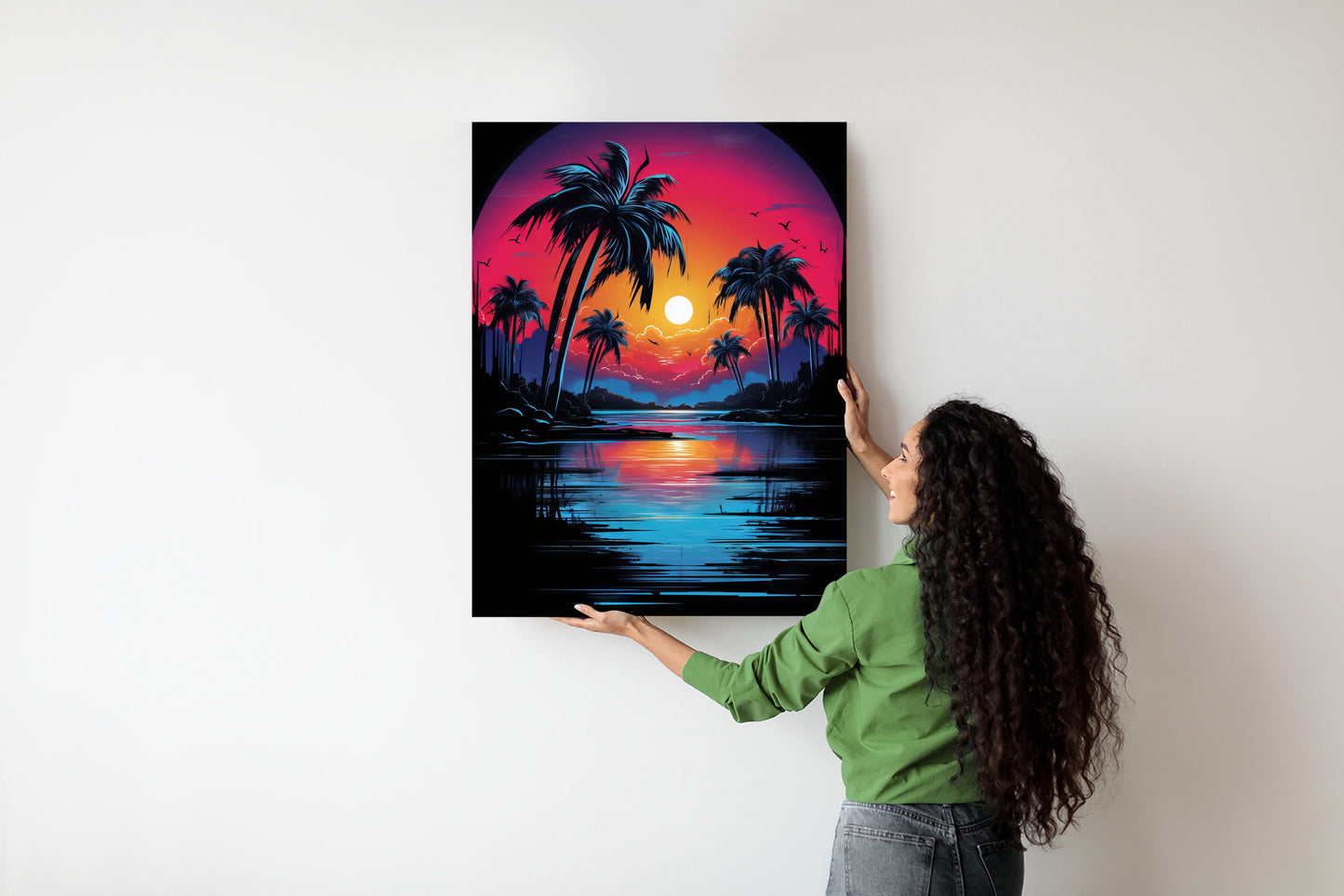 Poster Tropischer Sonnenuntergang Und Palmen Rahmen Holz Mit Passepartout Farbe Natürlich