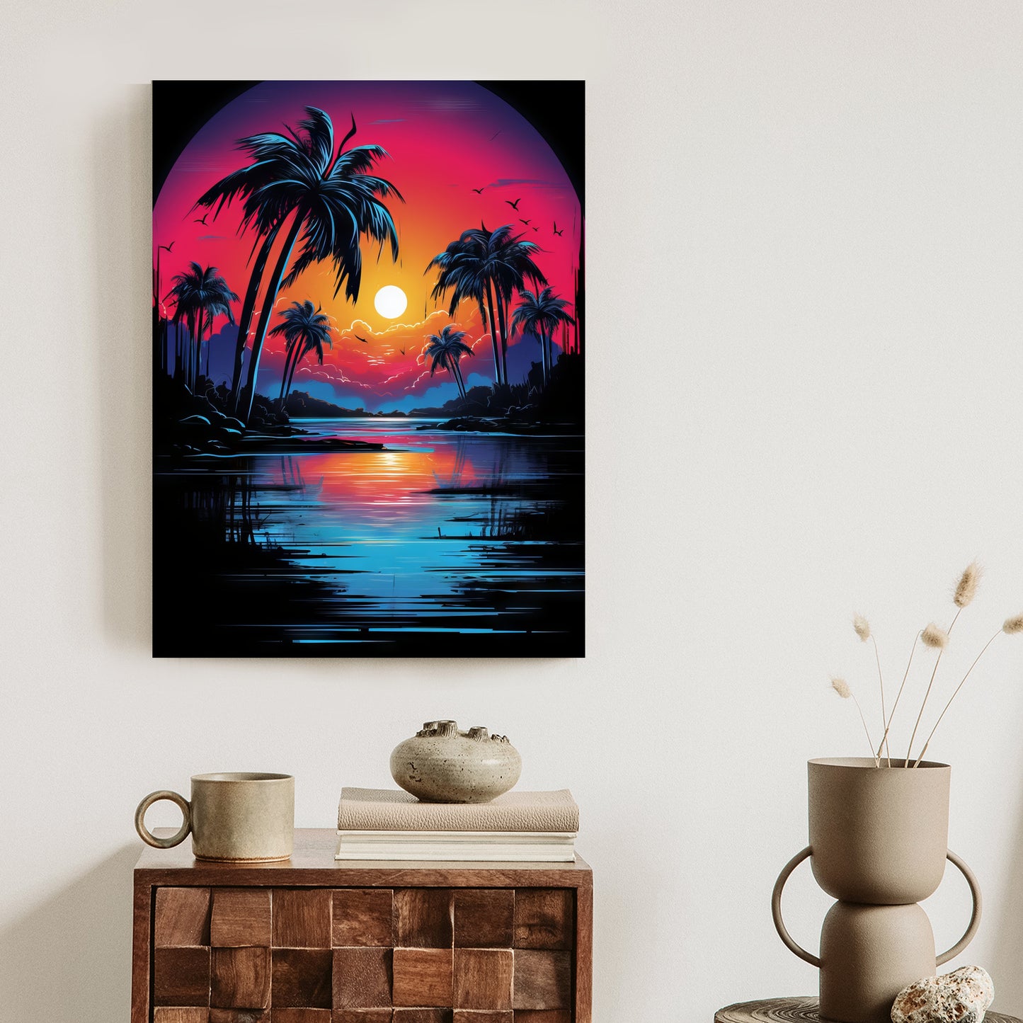 Poster Tropischer Sonnenuntergang Und Palmen Rahmen Holz Mit Passepartout Farbe Natürlich