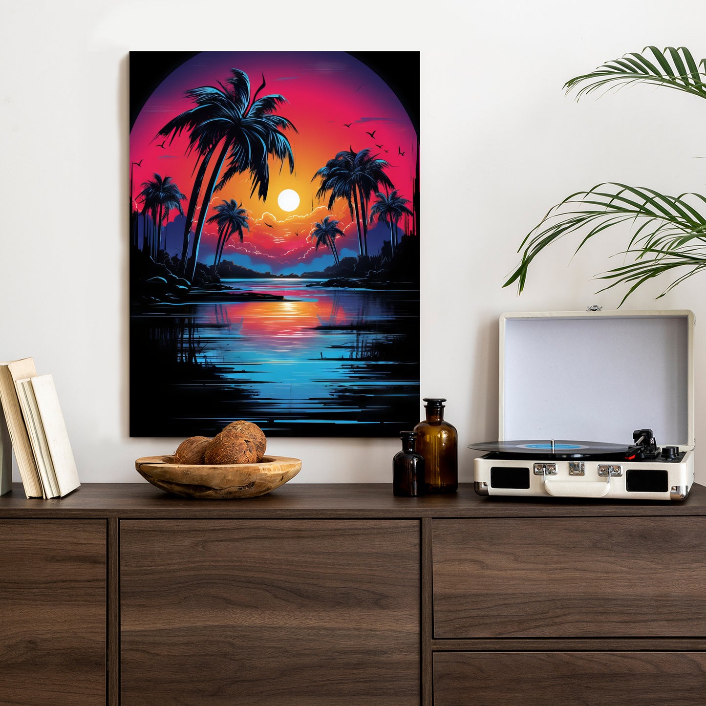 Poster Tropischer Sonnenuntergang Und Palmen Rahmen Holz Mit Passepartout Farbe Natürlich