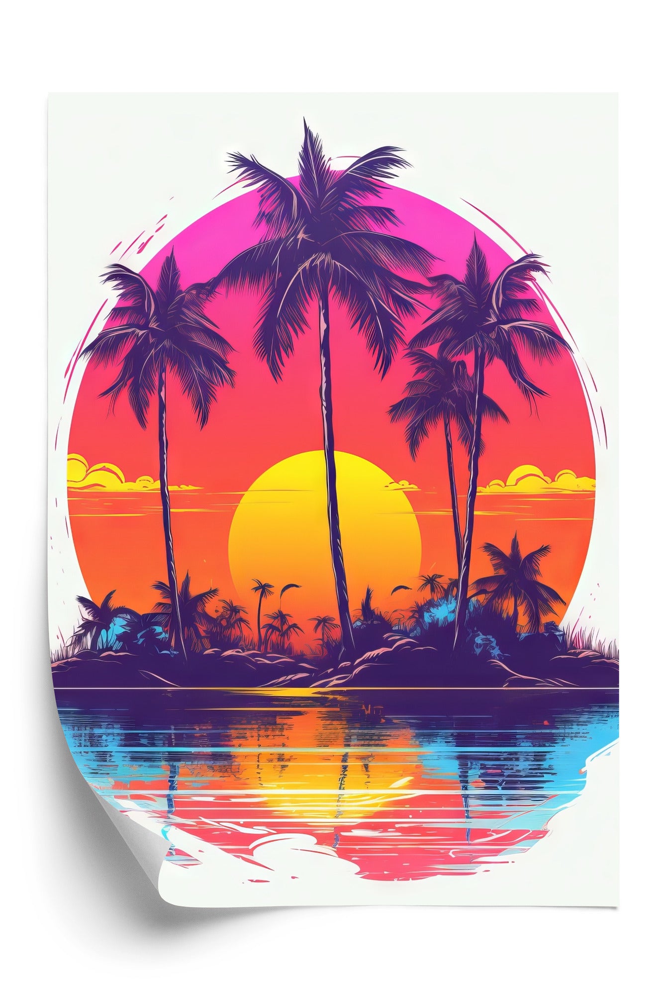 Poster Einsame Insel Mit Palmen Und Der Untergehenden Sonne