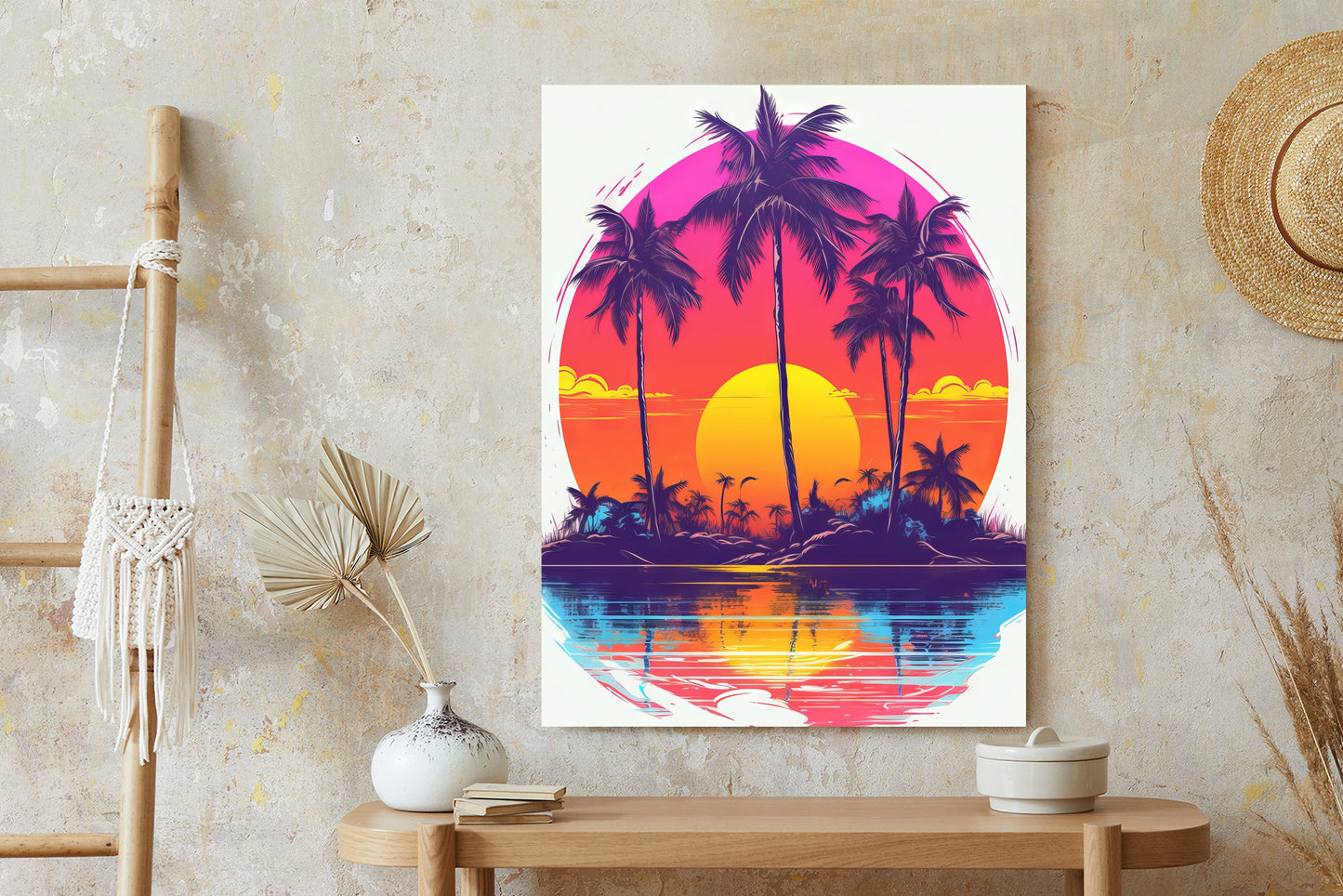 Poster Einsame Insel Mit Palmen Und Der Untergehenden Sonne