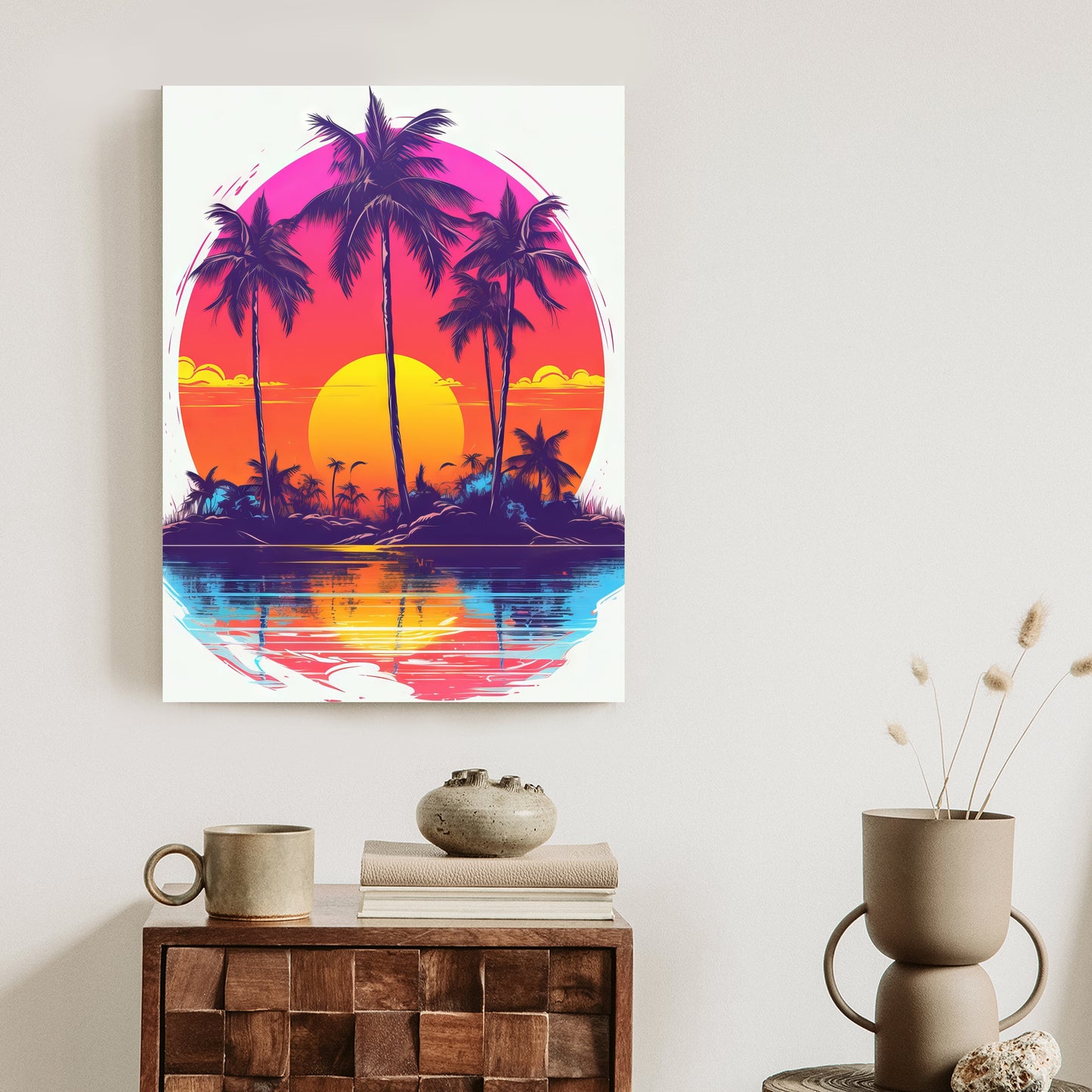 Poster Einsame Insel Mit Palmen Und Der Untergehenden Sonne