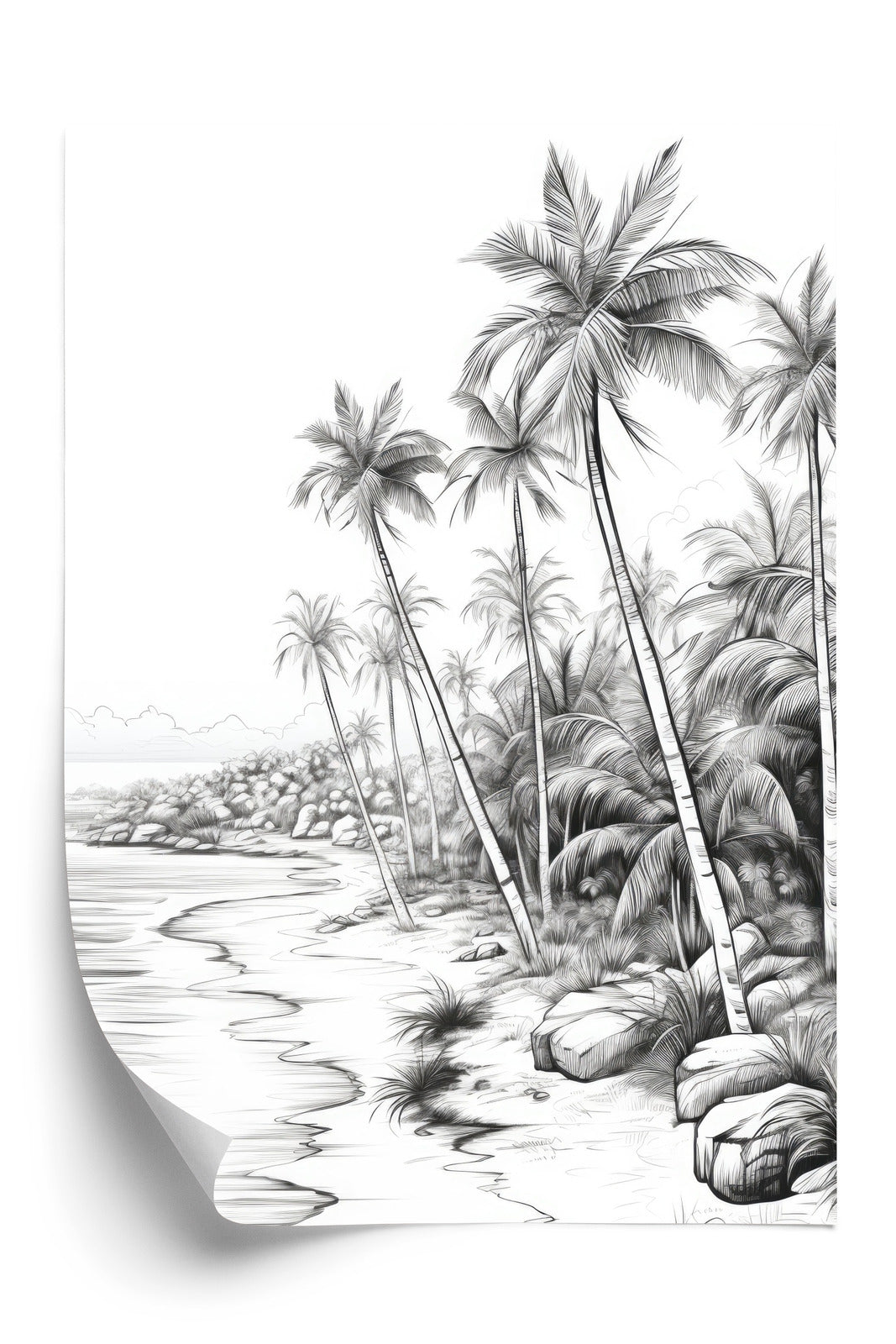 Poster Tropischer Strand Mit Palmen Und Sandiger Meeresküste Rahmen Holz Mit Passepartout Farbe Natürlich