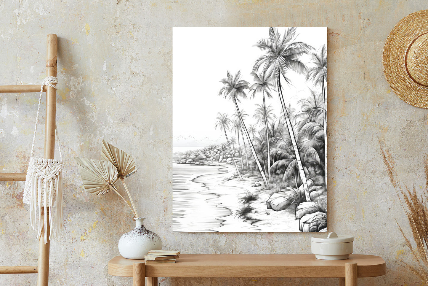 Poster Tropischer Strand Mit Palmen Und Sandiger Meeresküste Rahmen Holz Mit Passepartout Farbe Natürlich