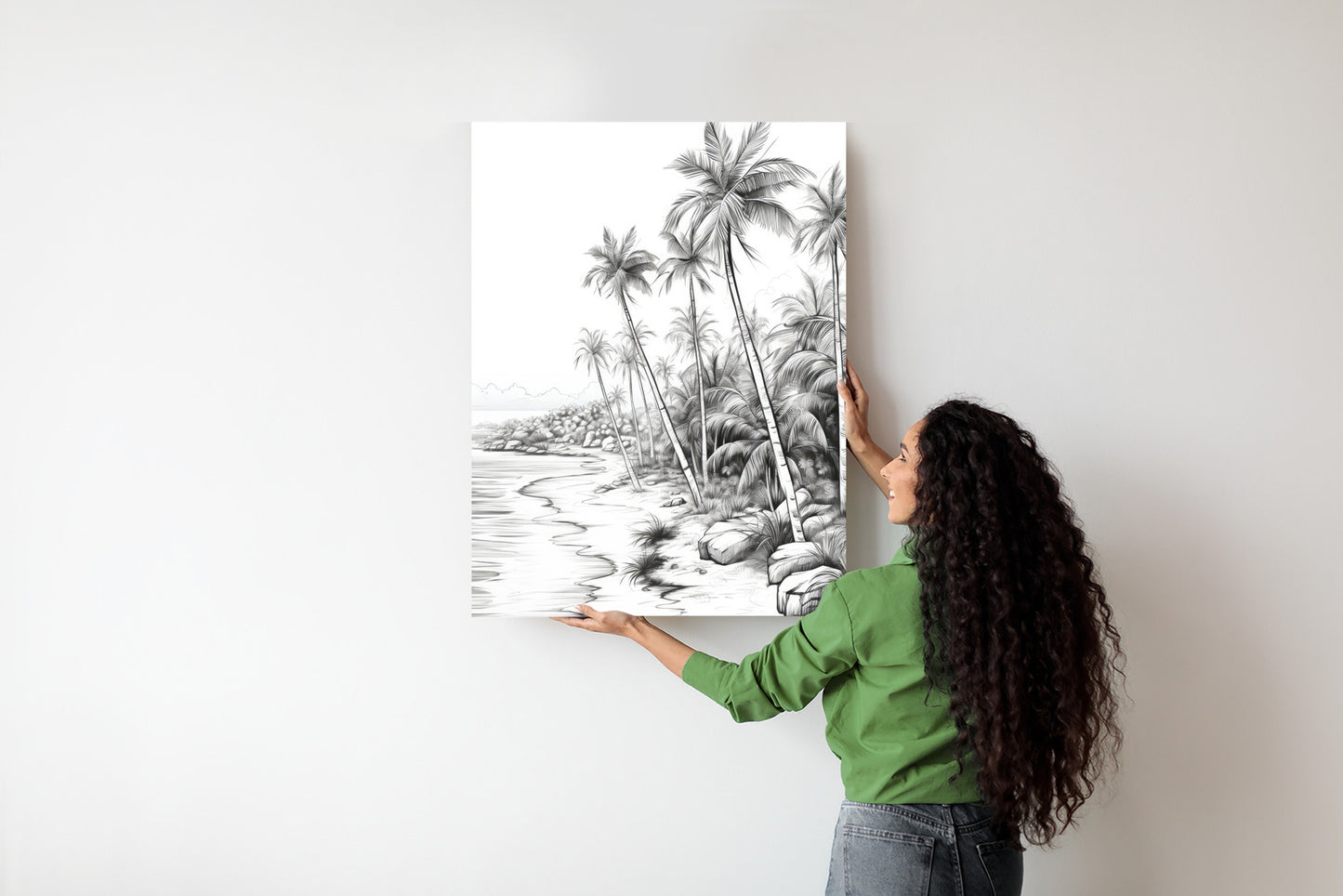 Poster Tropischer Strand Mit Palmen Und Sandiger Meeresküste Rahmen Holz Mit Passepartout Farbe Natürlich