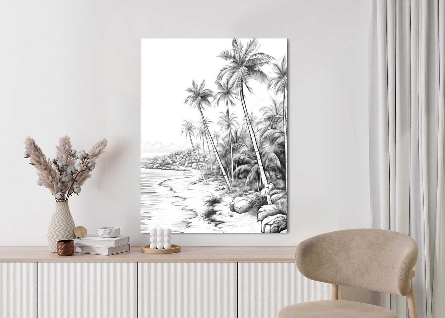 Poster Tropischer Strand Mit Palmen Und Sandiger Meeresküste Rahmen Holz Mit Passepartout Farbe Natürlich