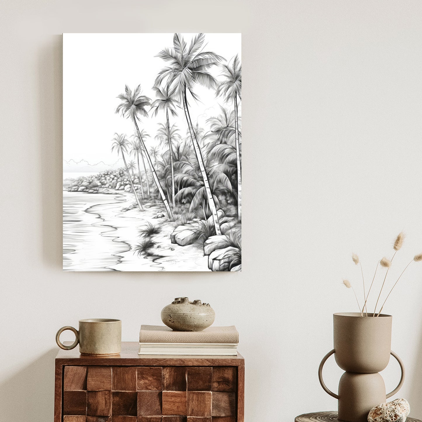 Poster Tropischer Strand Mit Palmen Und Sandiger Meeresküste Rahmen Holz Mit Passepartout Farbe Natürlich