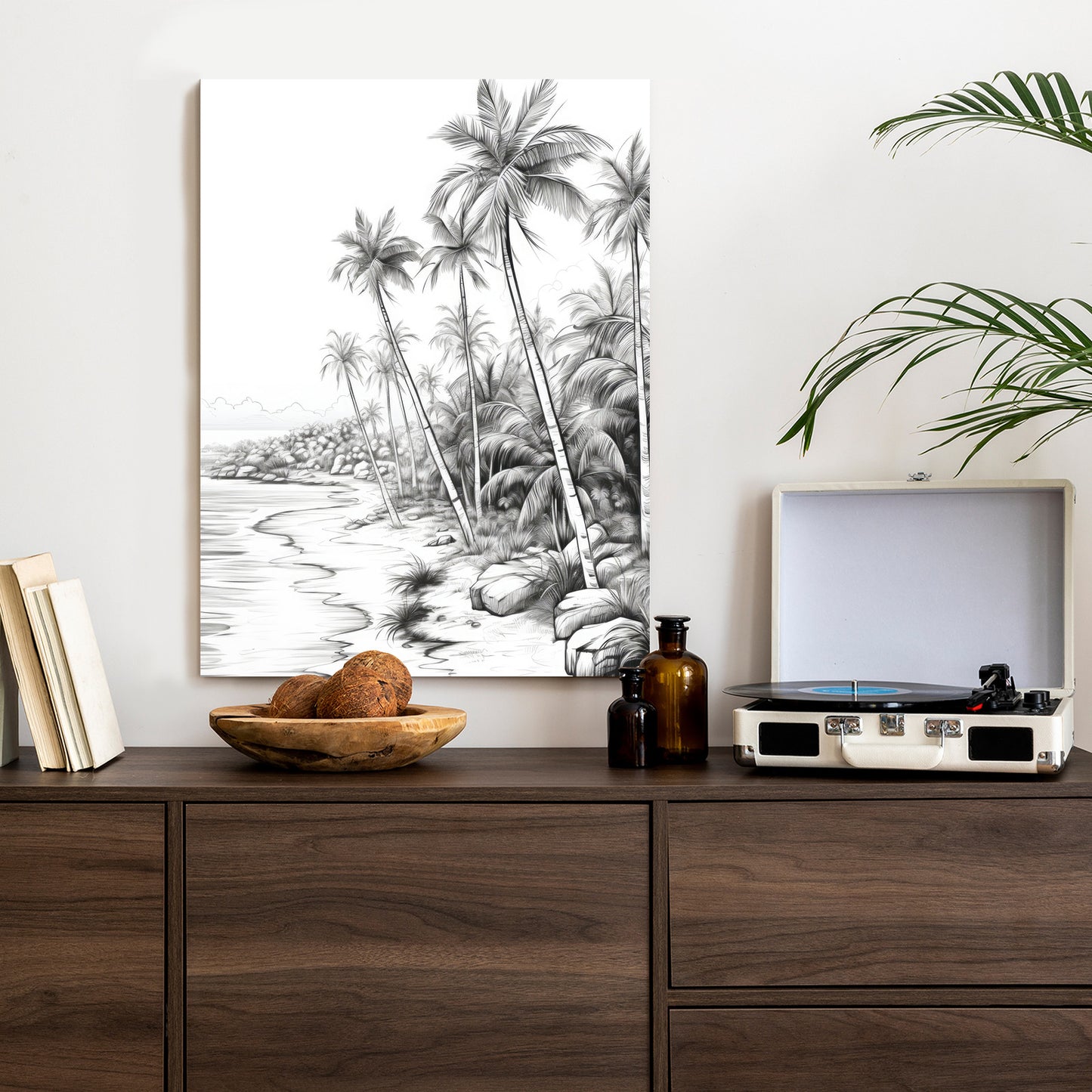Poster Tropischer Strand Mit Palmen Und Sandiger Meeresküste Rahmen Holz Mit Passepartout Farbe Natürlich