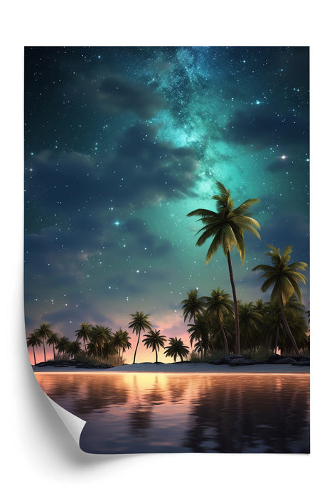 Poster Sternenstrand Auf Einer Tropischen Insel Mit Palmen Rahmen Holz Mit Passepartout Farbe Weiß