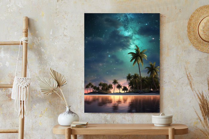 Poster Sternenstrand Auf Einer Tropischen Insel Mit Palmen Rahmen Holz Mit Passepartout Farbe Weiß