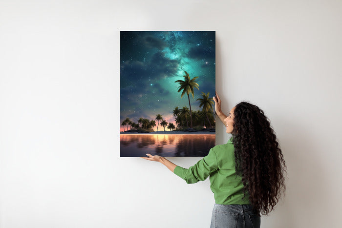 Poster Sternenstrand Auf Einer Tropischen Insel Mit Palmen Rahmen Holz Mit Passepartout Farbe Weiß