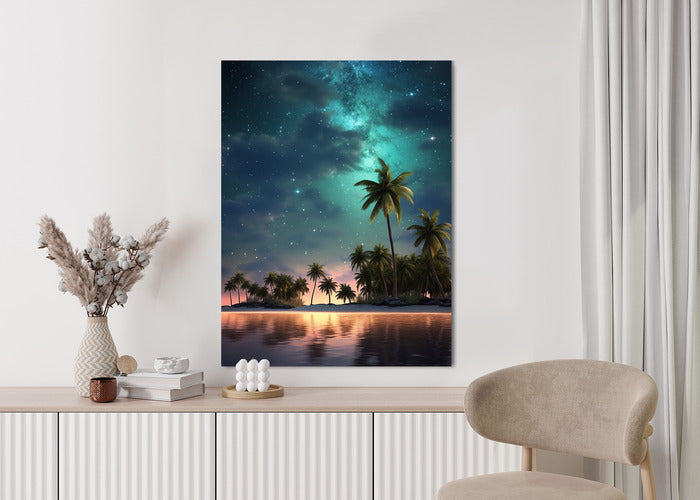 Poster Sternenstrand Auf Einer Tropischen Insel Mit Palmen Rahmen Holz Mit Passepartout Farbe Weiß