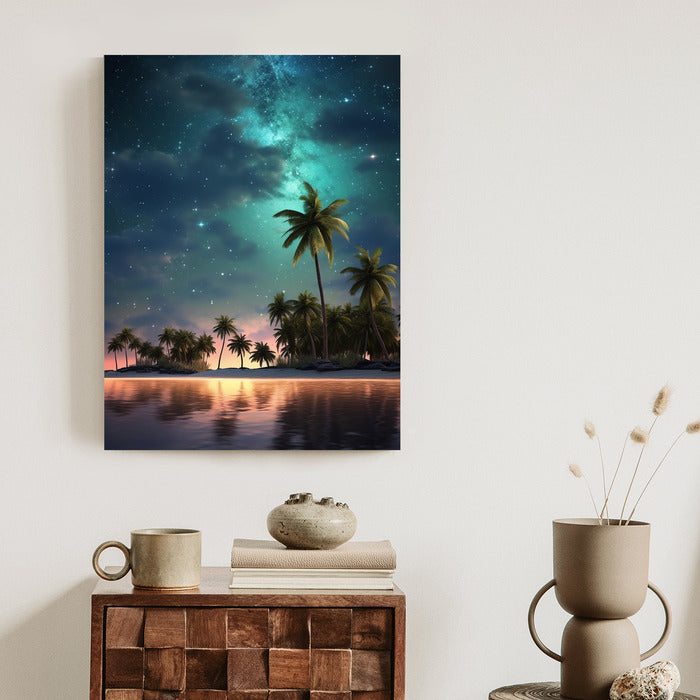 Poster Sternenstrand Auf Einer Tropischen Insel Mit Palmen Rahmen Holz Mit Passepartout Farbe Weiß