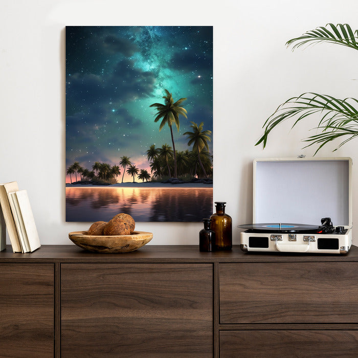 Poster Sternenstrand Auf Einer Tropischen Insel Mit Palmen Rahmen Holz Mit Passepartout Farbe Weiß