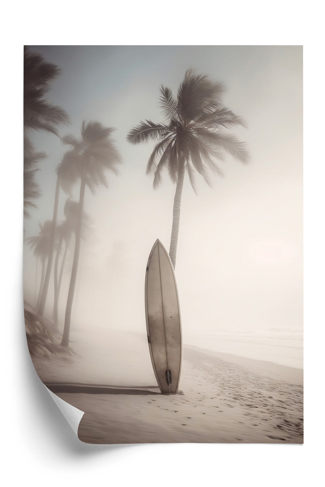 Poster Surfbrett Am Strand Mit Palmen Rahmen Holz Mit Passepartout Farbe Natürlich