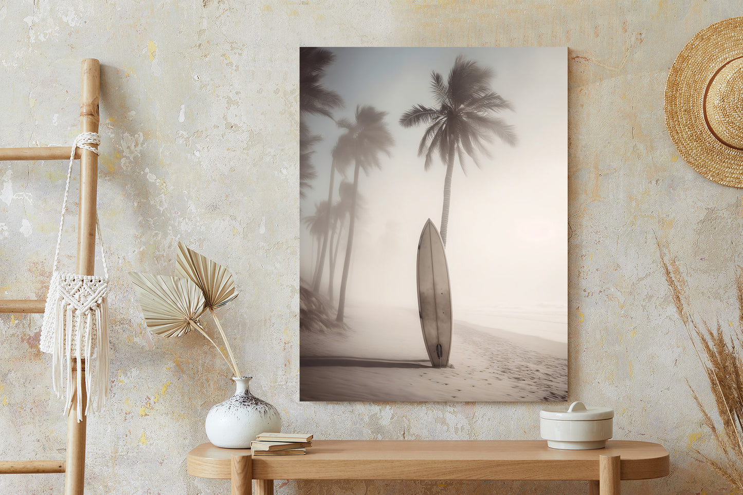 Poster Surfbrett Am Strand Mit Palmen Rahmen Holz Mit Passepartout Farbe Natürlich