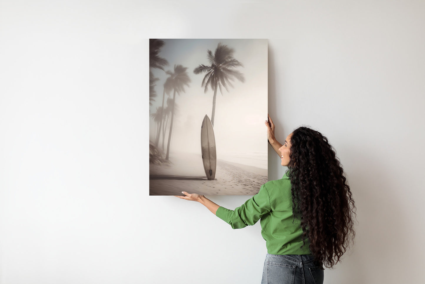Poster Surfbrett Am Strand Mit Palmen Rahmen Holz Mit Passepartout Farbe Natürlich