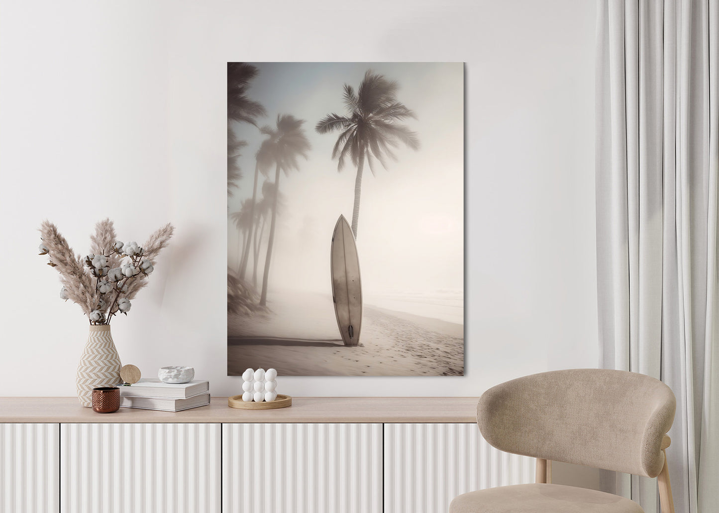 Poster Surfbrett Am Strand Mit Palmen Rahmen Holz Mit Passepartout Farbe Natürlich