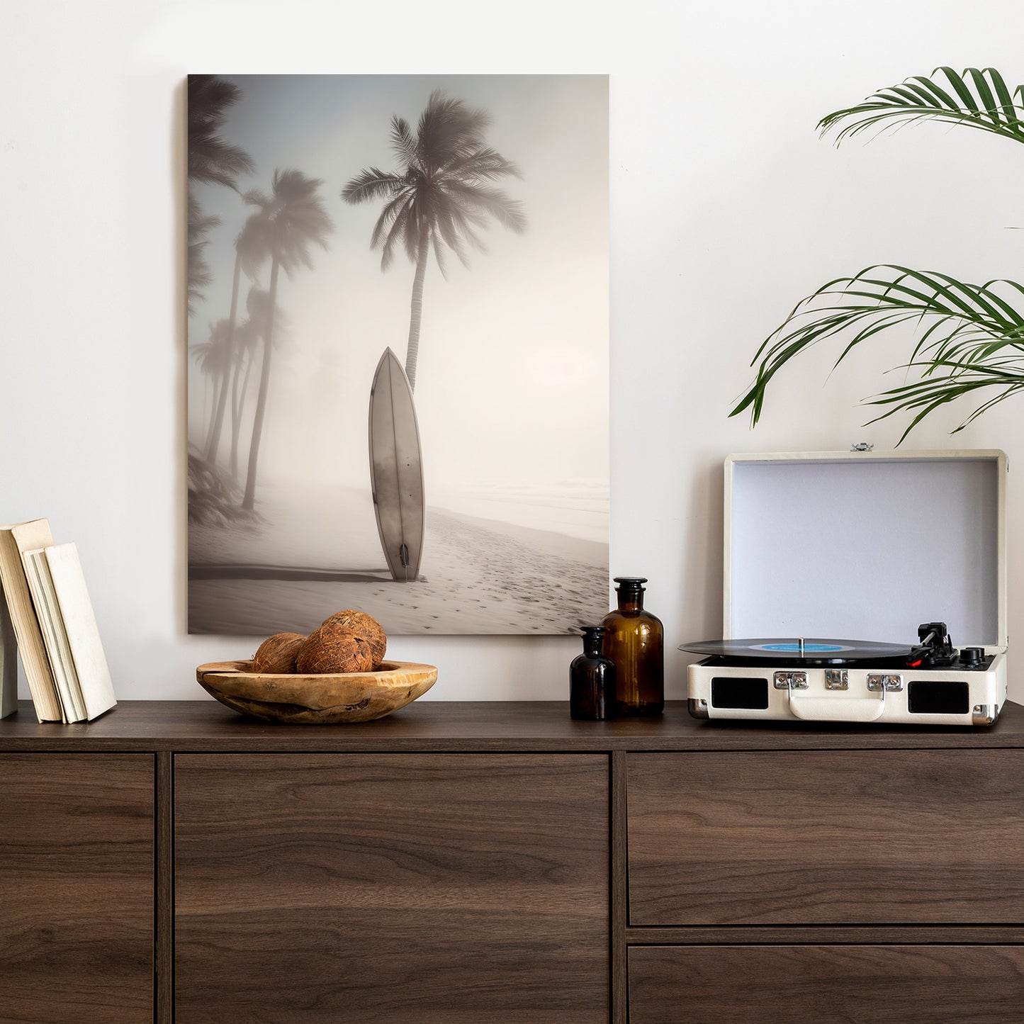 Poster Surfbrett Am Strand Mit Palmen Rahmen Holz Mit Passepartout Farbe Natürlich