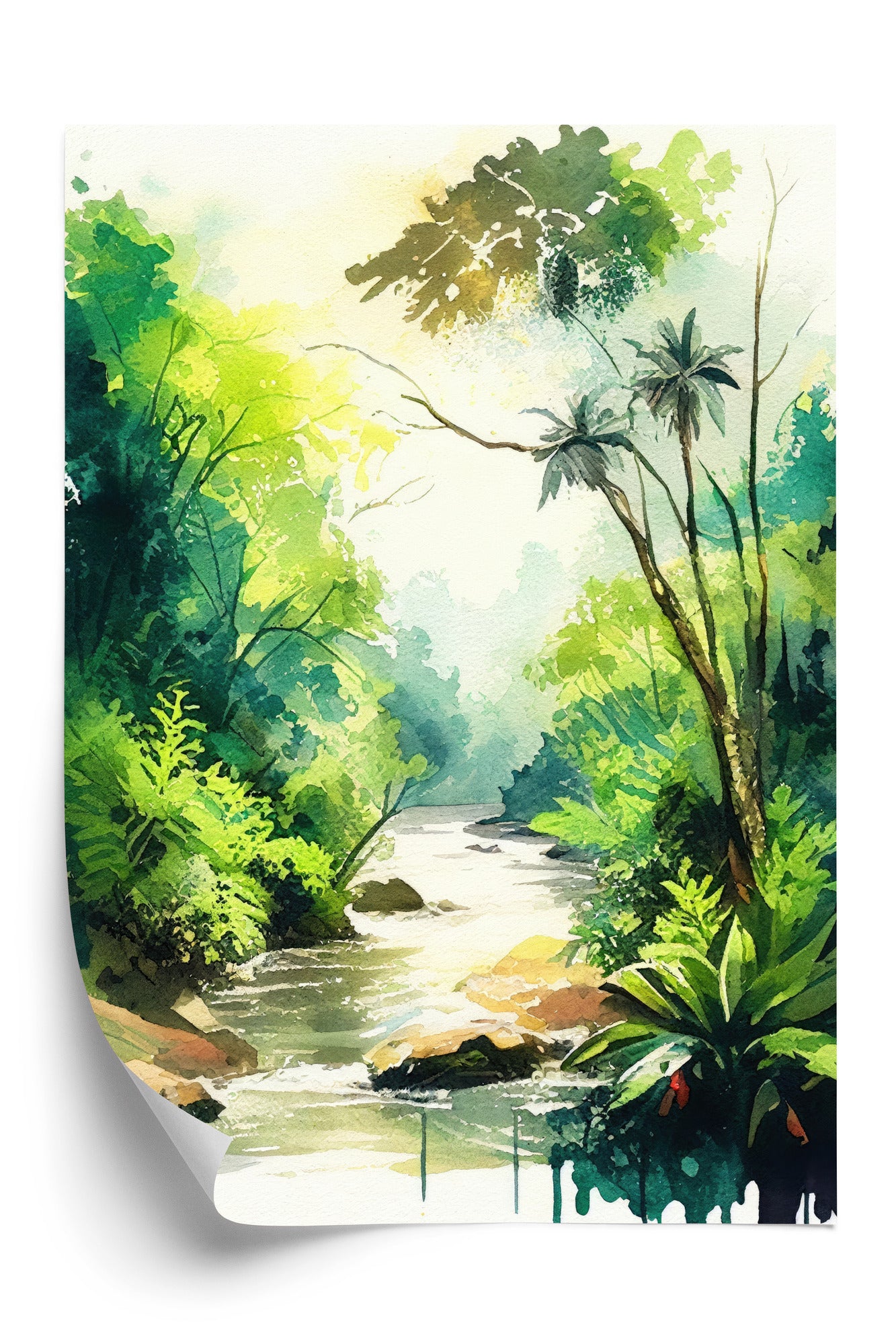 Poster Dschungel Aus Palmen Und Fluss Rahmen Holz Mit Passepartout Farbe Natürlich