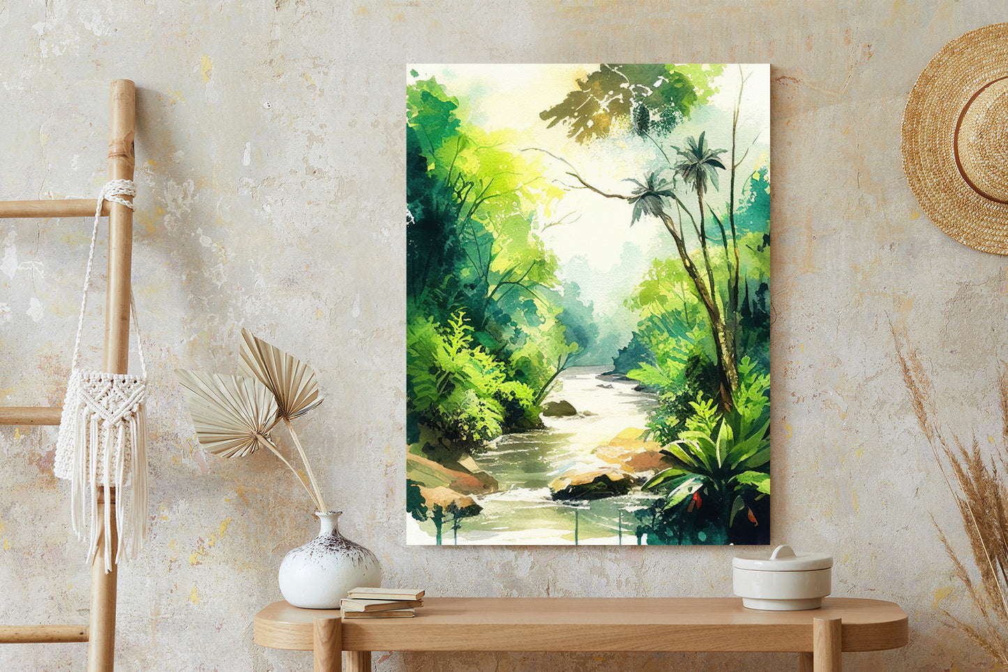 Poster Dschungel Aus Palmen Und Fluss Rahmen Holz Mit Passepartout Farbe Natürlich