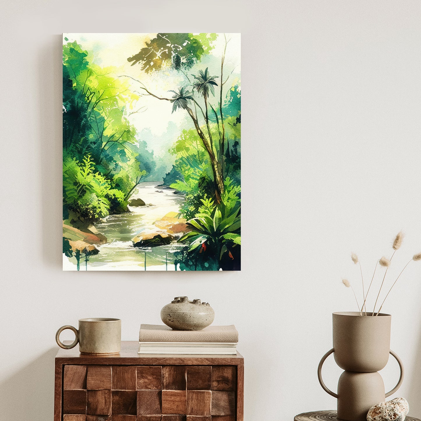 Poster Dschungel Aus Palmen Und Fluss Rahmen Holz Mit Passepartout Farbe Natürlich