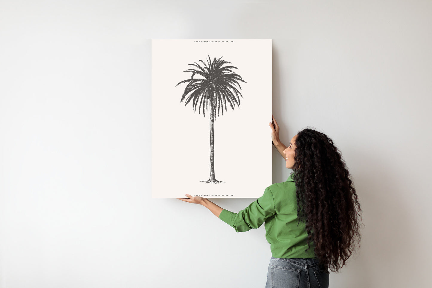 Poster Graue Vintage-Palmenillustration Rahmen Holz Mit Passepartout Farbe Natürlich
