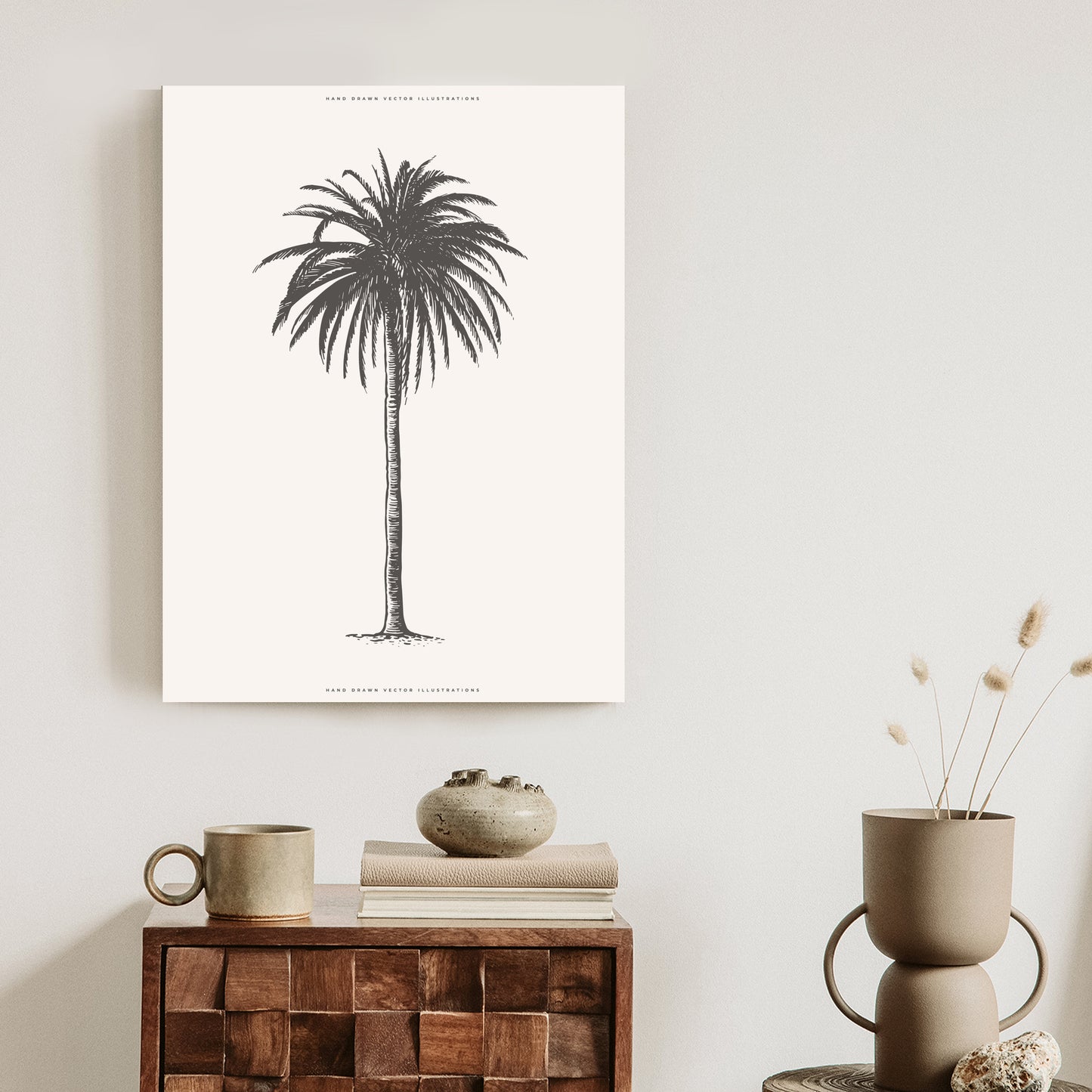 Poster Graue Vintage-Palmenillustration Rahmen Holz Mit Passepartout Farbe Natürlich