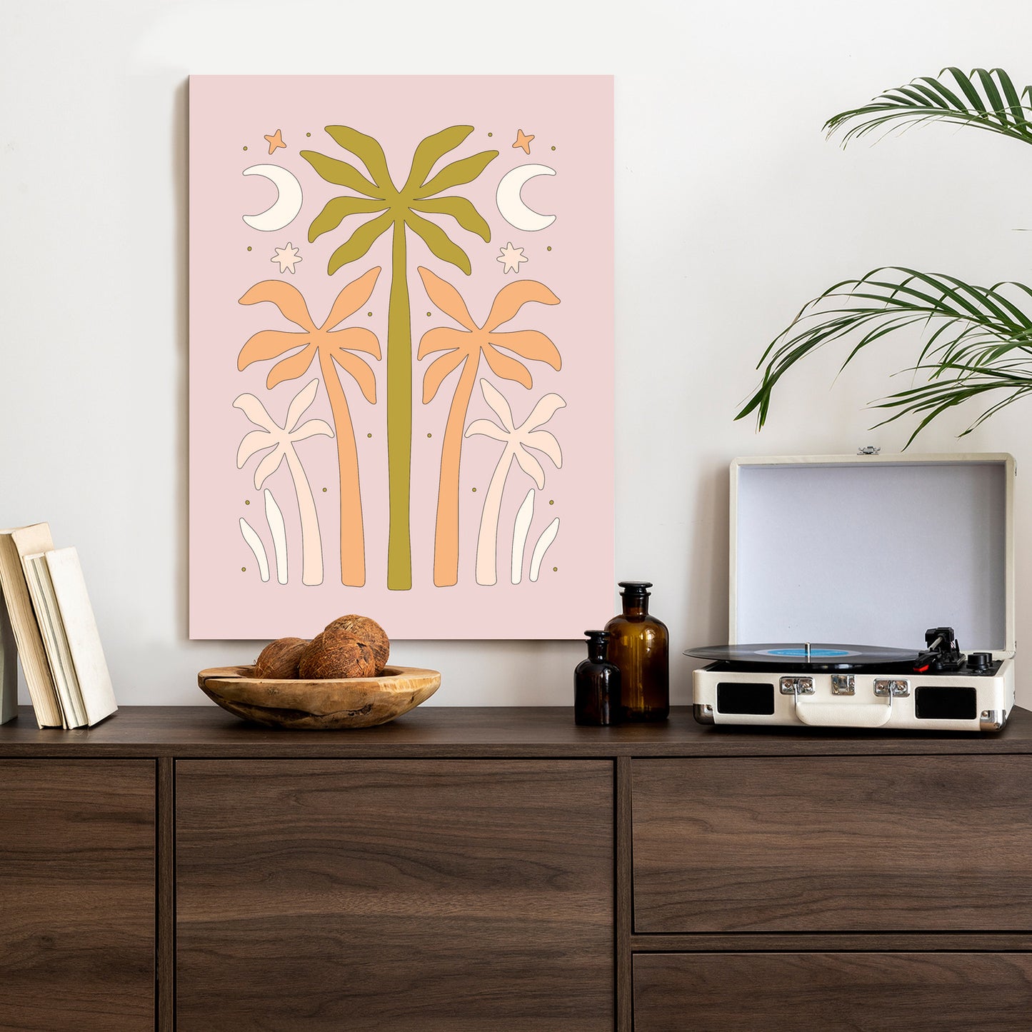 Poster Retro-Palmen Und Monde Rahmen Holz Mit Passepartout Farbe Natürlich