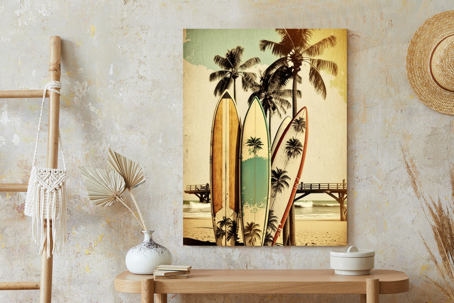 Poster Surfbretter Am Strand, Die Sich An Palmen Lehnen Rahmen Holz Mit Passepartout Farbe Natürlich