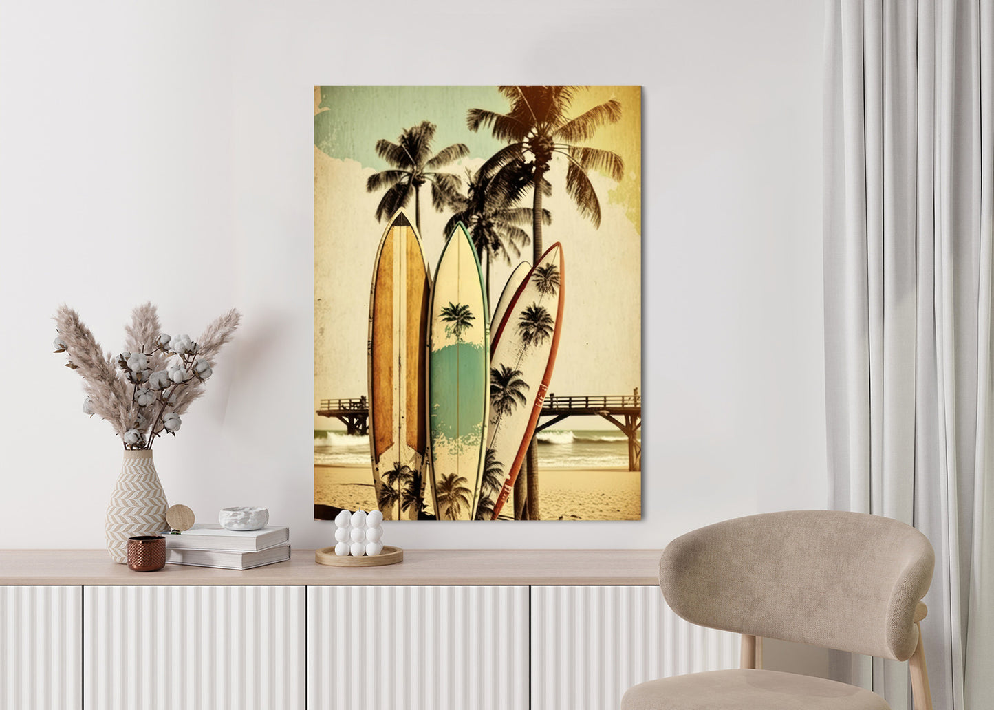 Poster Surfbretter Am Strand, Die Sich An Palmen Lehnen Rahmen Holz Mit Passepartout Farbe Natürlich