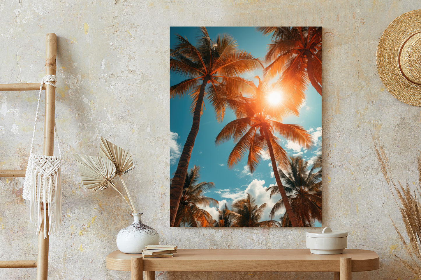 Poster Die Sonne Scheint Durch Hohe Palmen Rahmen Holz Mit Passepartout Farbe Natürlich