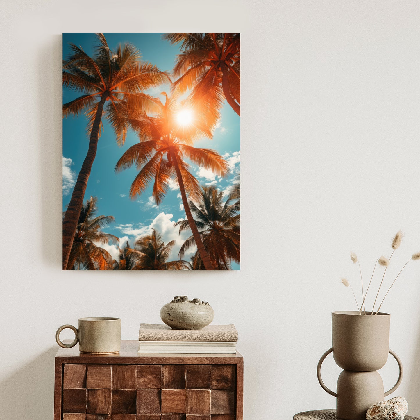 Poster Die Sonne Scheint Durch Hohe Palmen Rahmen Holz Mit Passepartout Farbe Natürlich