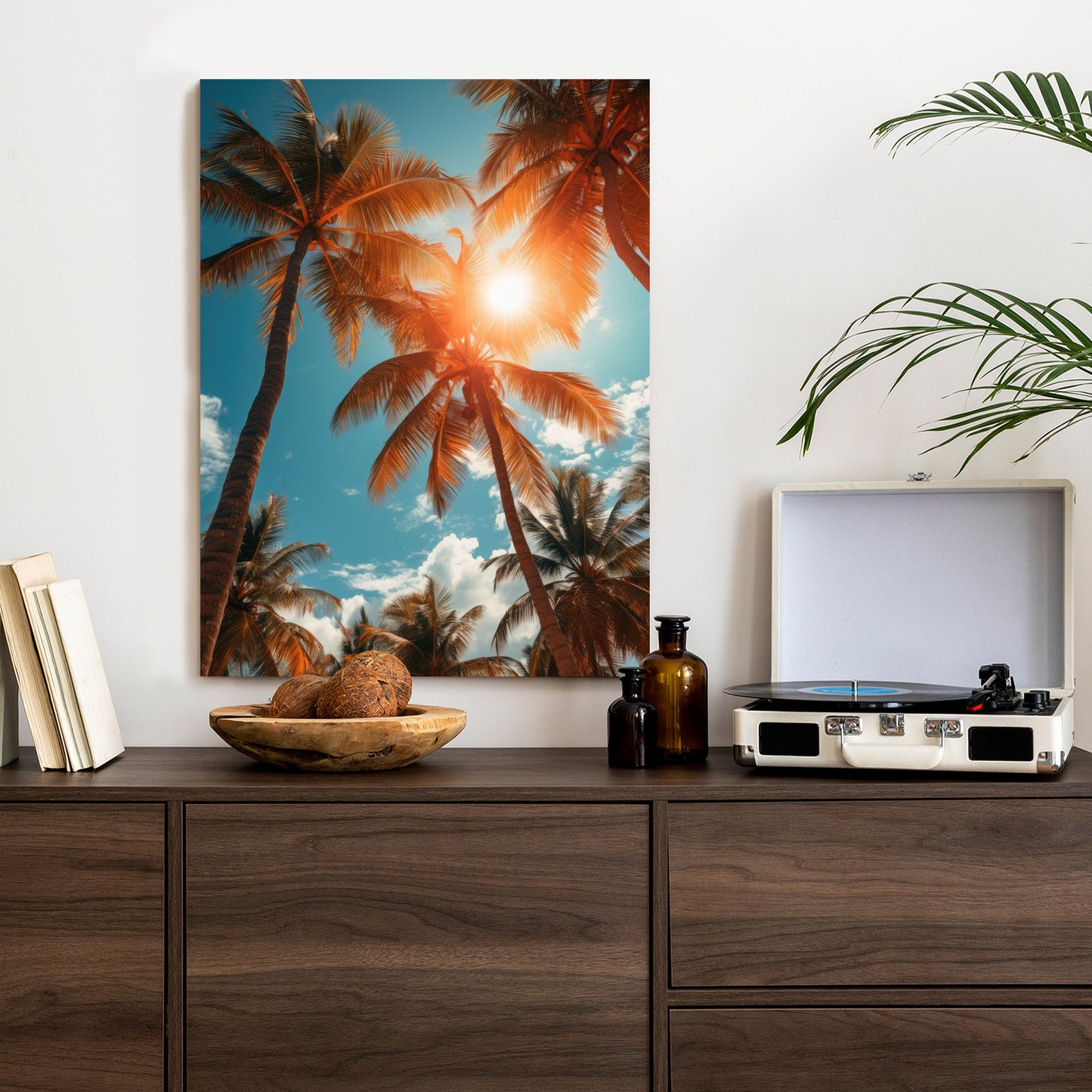Poster Die Sonne Scheint Durch Hohe Palmen Rahmen Holz Mit Passepartout Farbe Natürlich