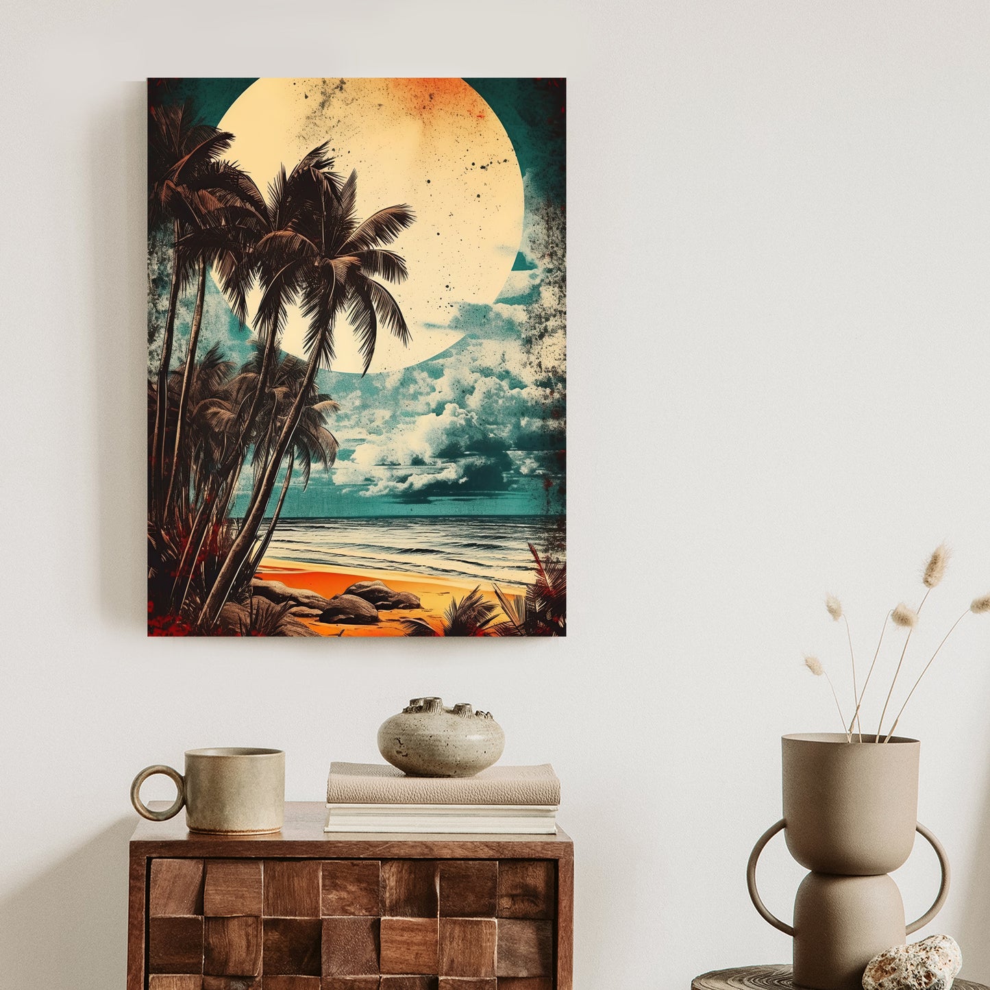 Poster Tropischer Strand Mit Sonne Und Vintage-Palmen Rahmen Holz Mit Passepartout Farbe Natürlich