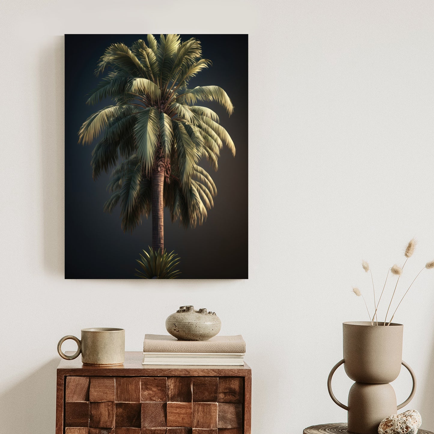 Poster Einsame Palme Auf Dunklem Hintergrund Rahmen Holz Mit Passepartout Farbe Natürlich