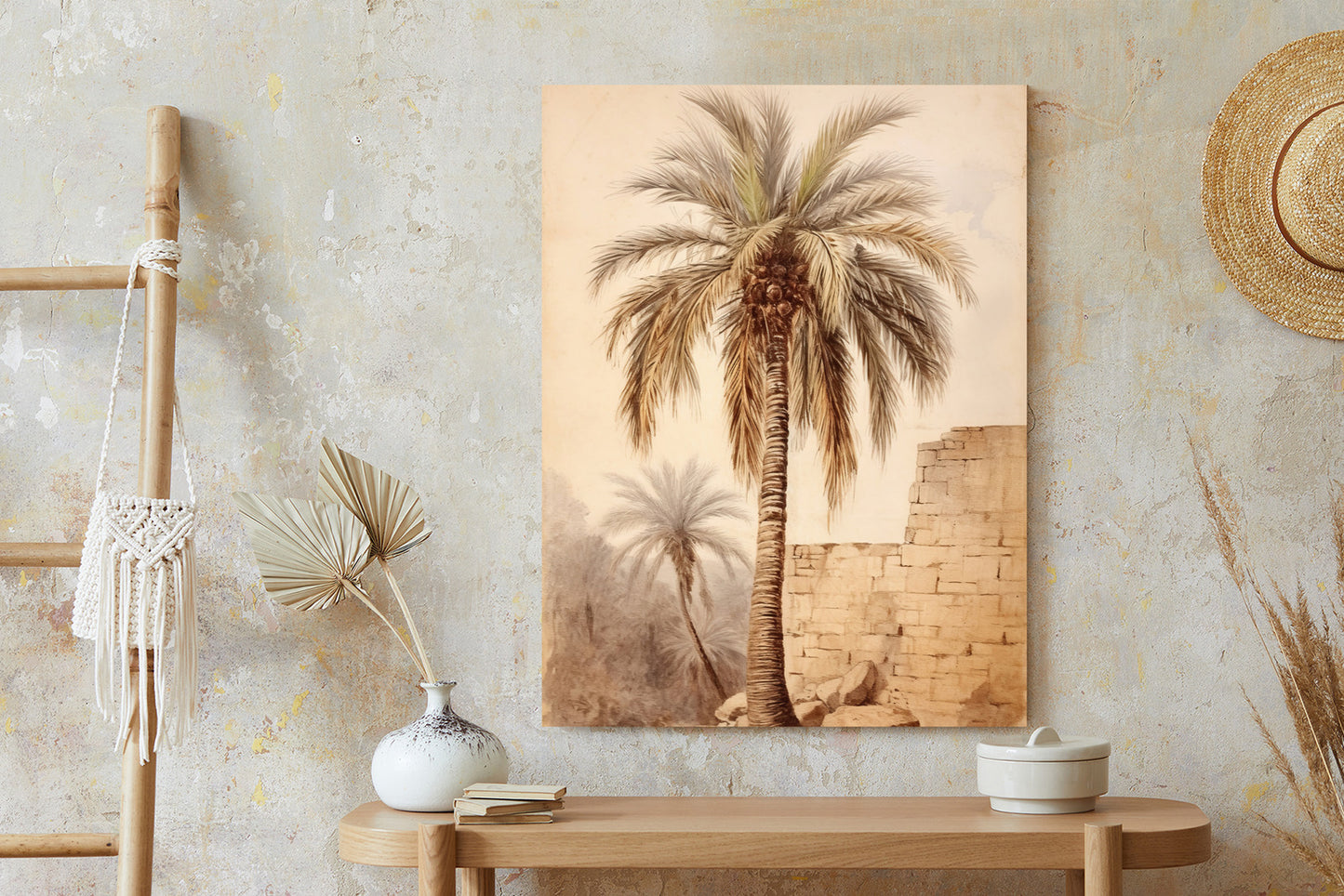 Poster Illustration Einer Palme In Der Nähe Einer Alten Mauer Rahmen Holz Mit Passepartout Farbe Natürlich