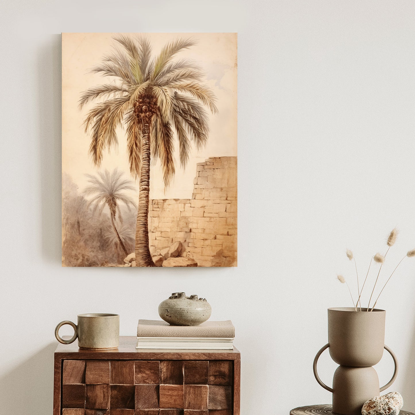 Poster Illustration Einer Palme In Der Nähe Einer Alten Mauer Rahmen Holz Mit Passepartout Farbe Natürlich