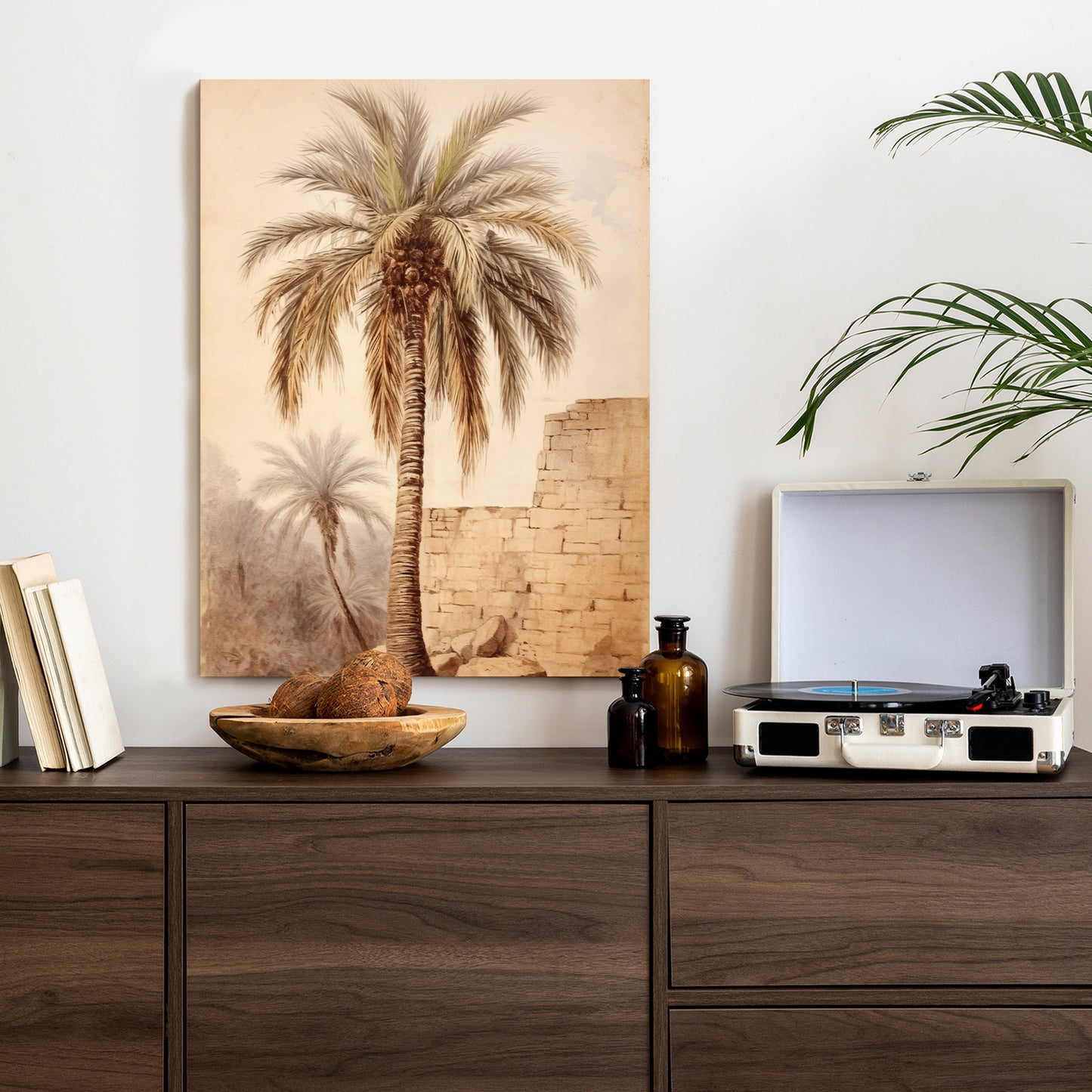 Poster Illustration Einer Palme In Der Nähe Einer Alten Mauer Rahmen Holz Mit Passepartout Farbe Natürlich
