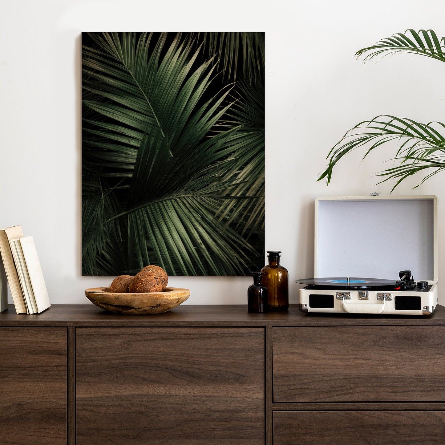 Poster Dunkle Große Palmblätter Rahmen Holz Mit Passepartout Farbe Natürlich