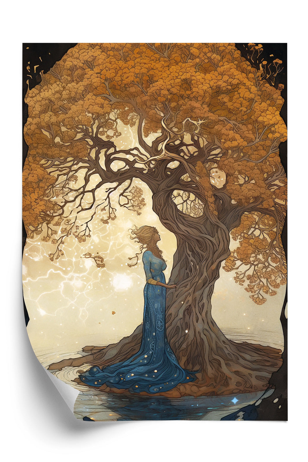 Poster Frau In Der Nähe Eines Verzweigten Baumes Rahmen Holz Mit Passepartout Farbe Natürlich
