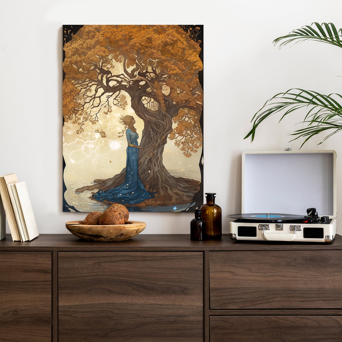 Poster Frau In Der Nähe Eines Verzweigten Baumes Rahmen Holz Mit Passepartout Farbe Natürlich