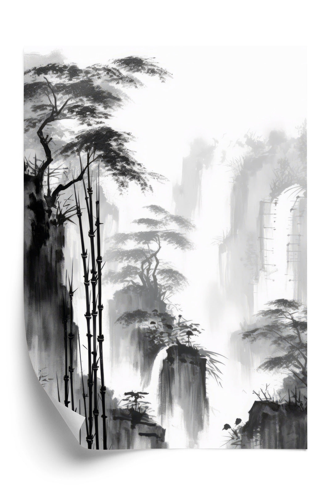 Poster Berglandschaft Mit Wasserfall Und Hohen Bambusbäumen Rahmen Holz Mit Passepartout Farbe Natürlich